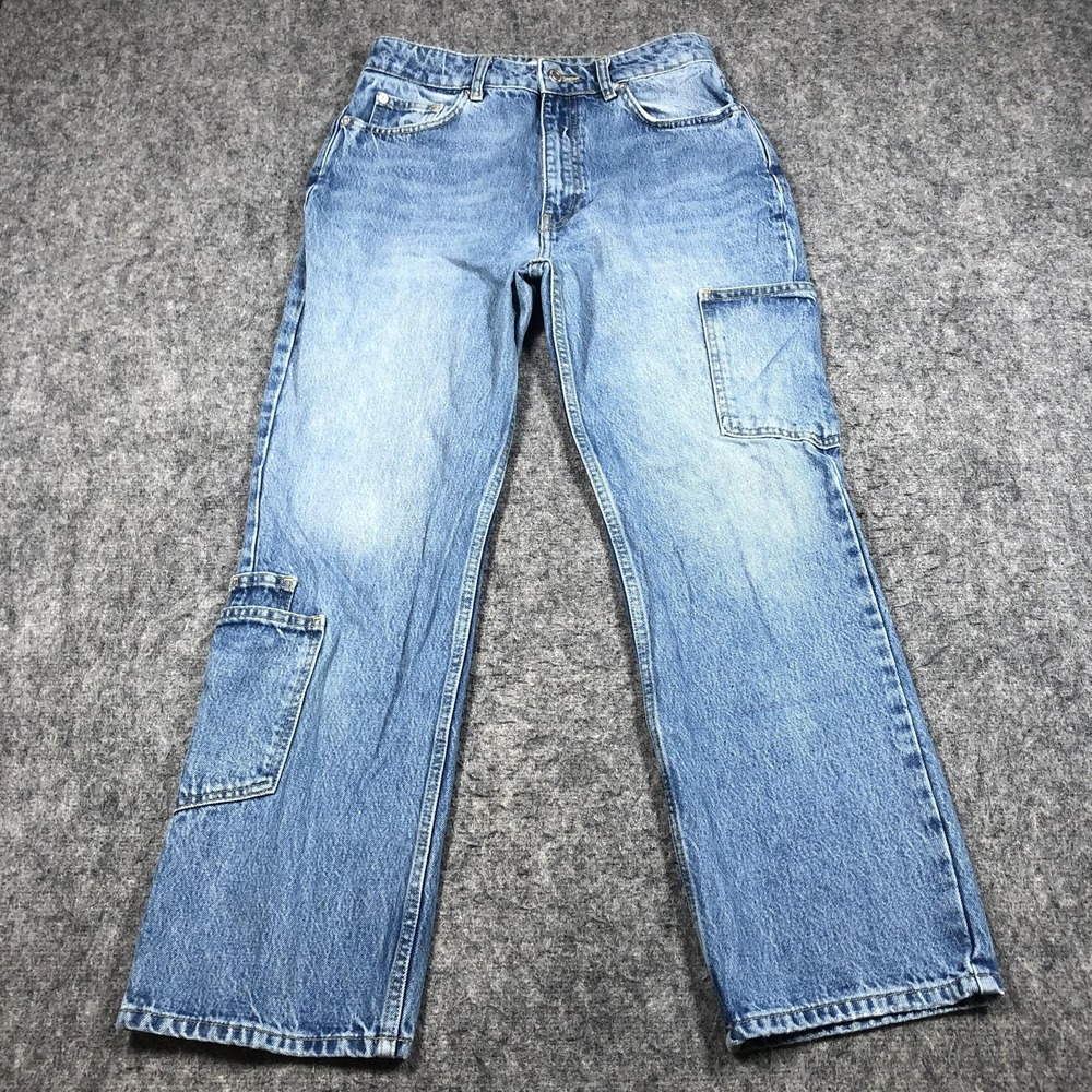 Zara Jeans Womens 6 Blue Light Wash High Rise Relaxed Straight Cargo Denim